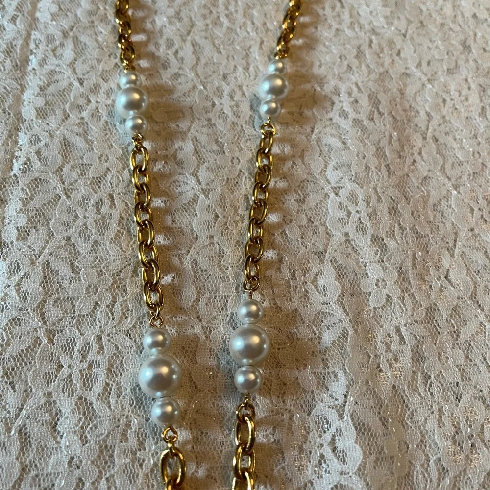 Napier/vintage gold and pearl, tasseled pearl pendant necklace, 34” long *